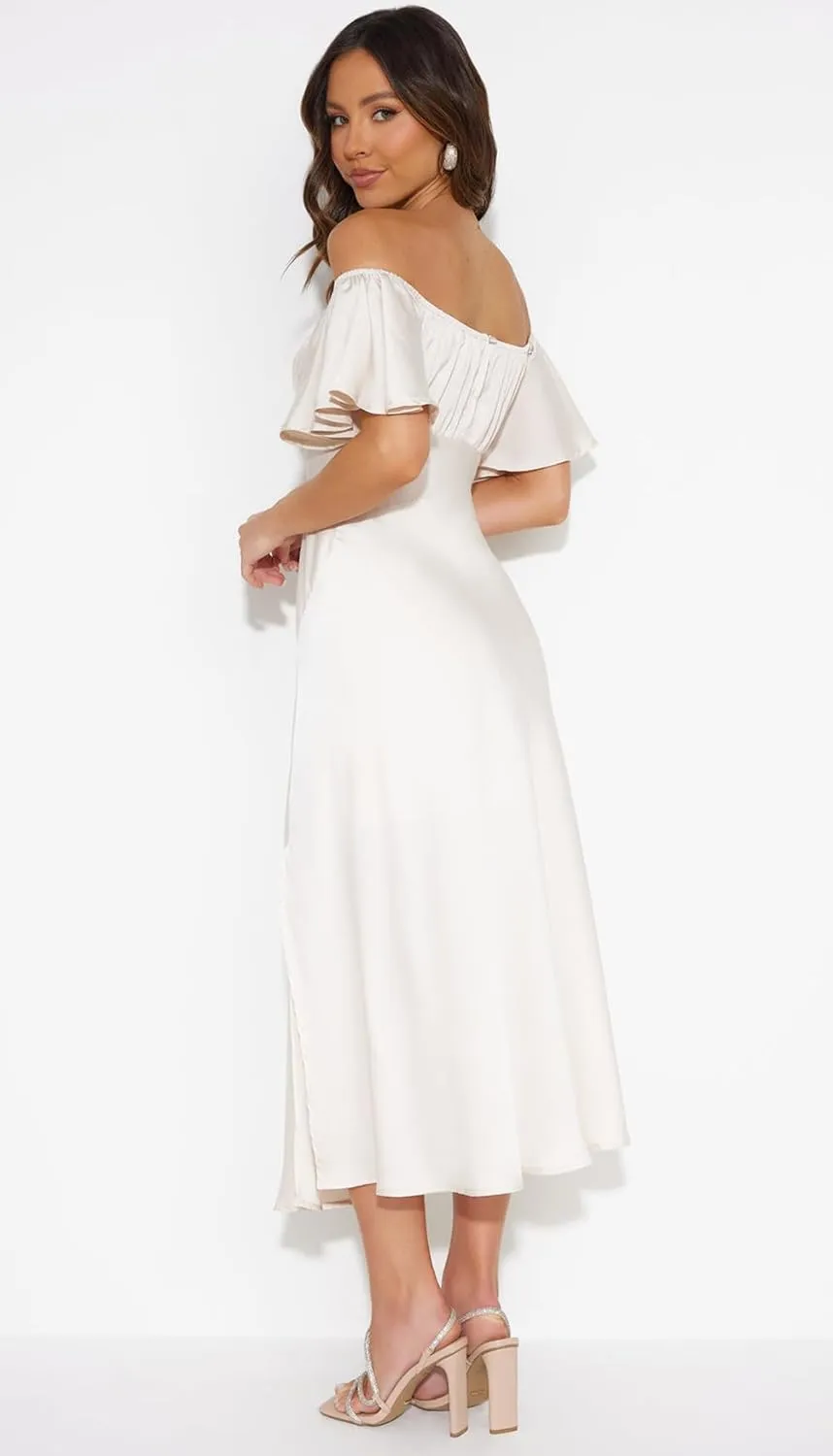 2025 Summer Women's Satin Off Shoulder Formal Dress Wedding Guest Elegant Butterfly Sleeve Split Cocktail Prom Midi Dresses