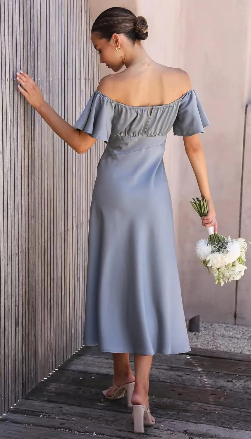 2025 Summer Women's Satin Off Shoulder Formal Dress Wedding Guest Elegant Butterfly Sleeve Split Cocktail Prom Midi Dresses
