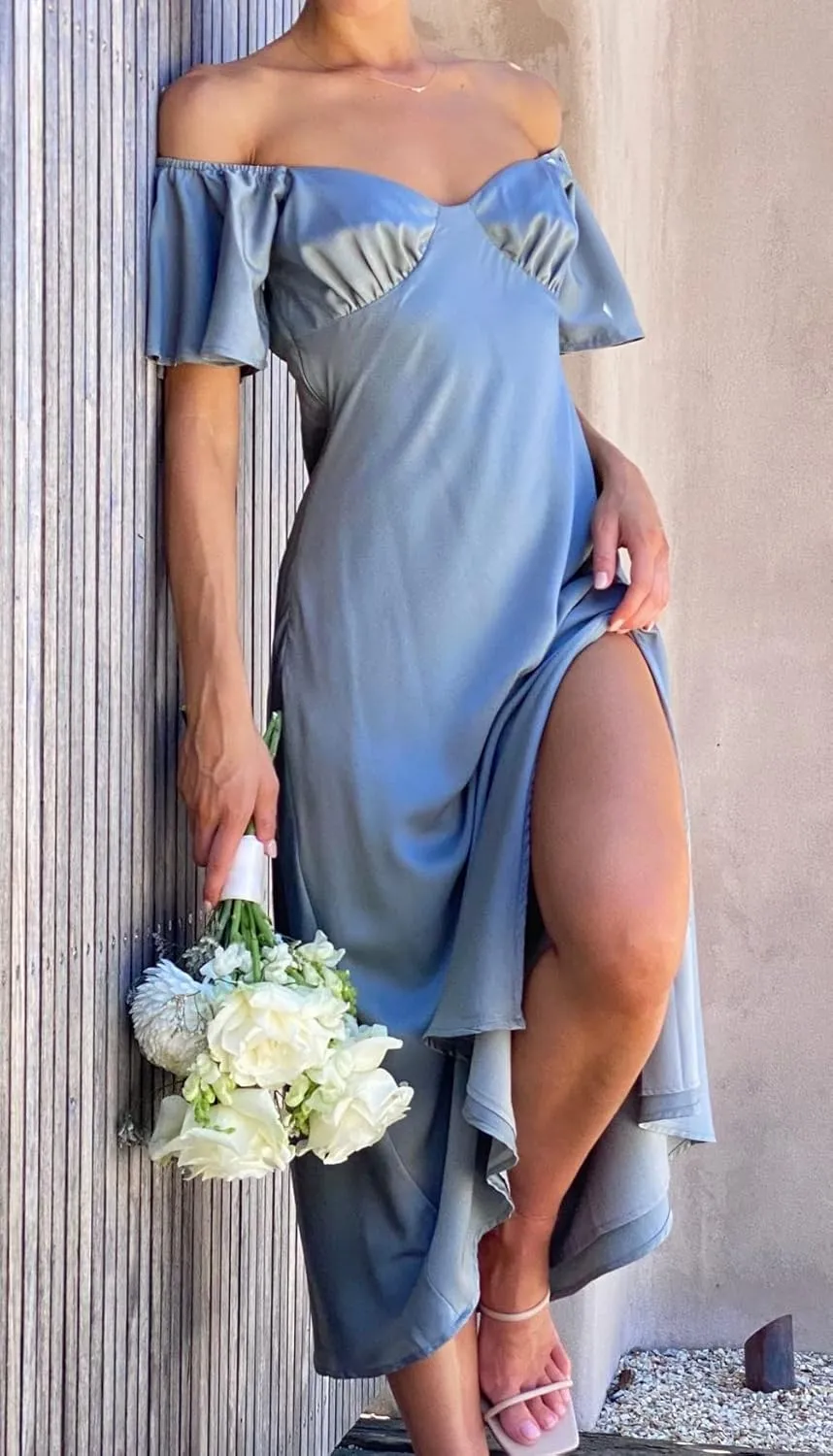 2025 Summer Women's Satin Off Shoulder Formal Dress Wedding Guest Elegant Butterfly Sleeve Split Cocktail Prom Midi Dresses