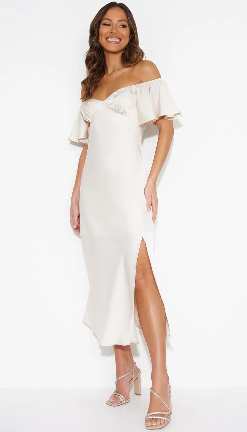 2025 Summer Women's Satin Off Shoulder Formal Dress Wedding Guest Elegant Butterfly Sleeve Split Cocktail Prom Midi Dresses