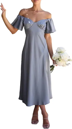 2025 Summer Women's Satin Off Shoulder Formal Dress Wedding Guest Elegant Butterfly Sleeve Split Cocktail Prom Midi Dresses