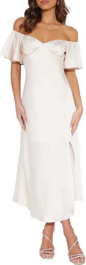 2025 Summer Women's Satin Off Shoulder Formal Dress Wedding Guest Elegant Butterfly Sleeve Split Cocktail Prom Midi Dresses