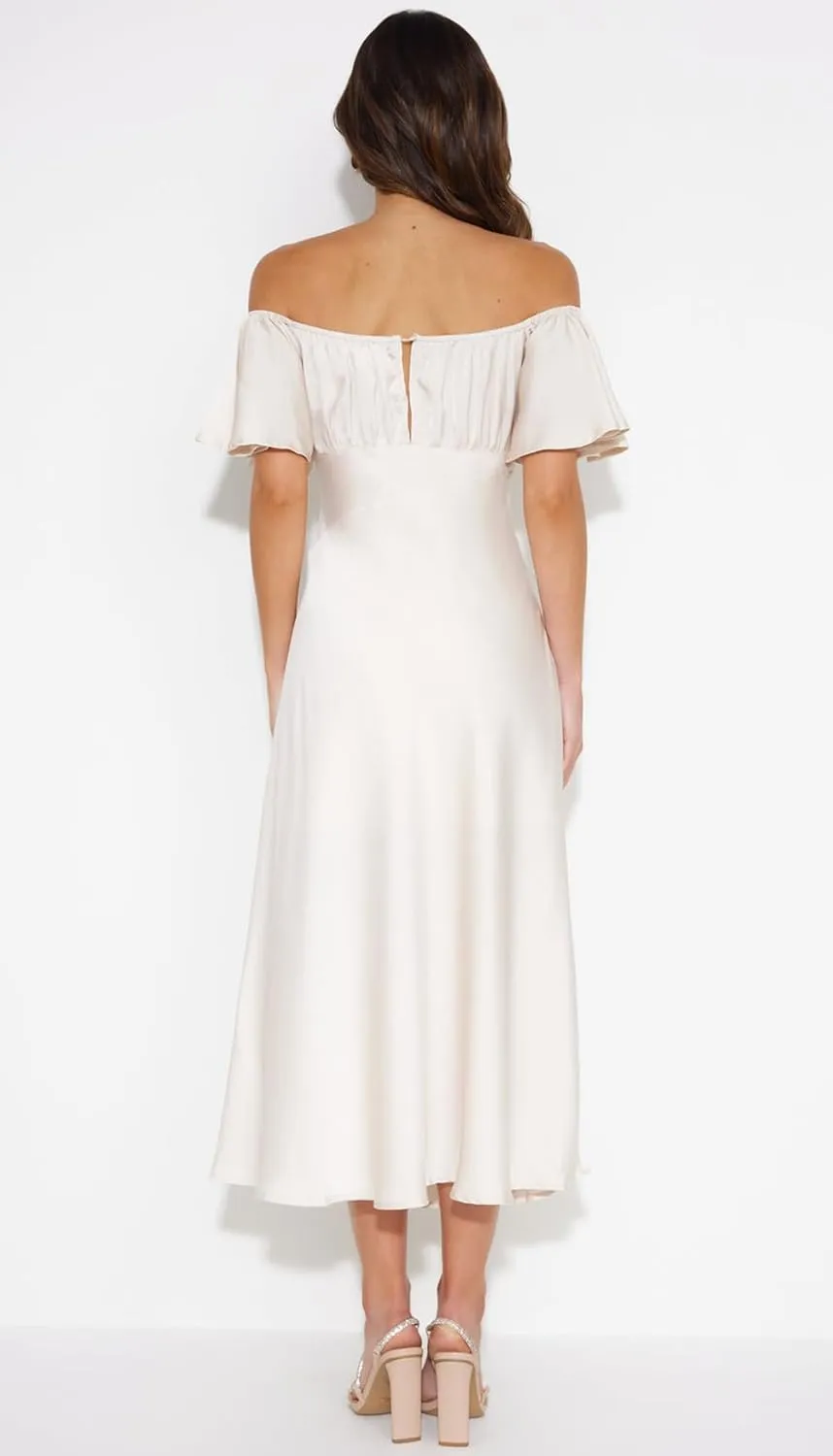 2025 Summer Women's Satin Off Shoulder Formal Dress Wedding Guest Elegant Butterfly Sleeve Split Cocktail Prom Midi Dresses
