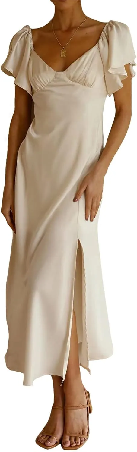2025 Summer Women's Satin Off Shoulder Formal Dress Wedding Guest Elegant Butterfly Sleeve Split Cocktail Prom Midi Dresses