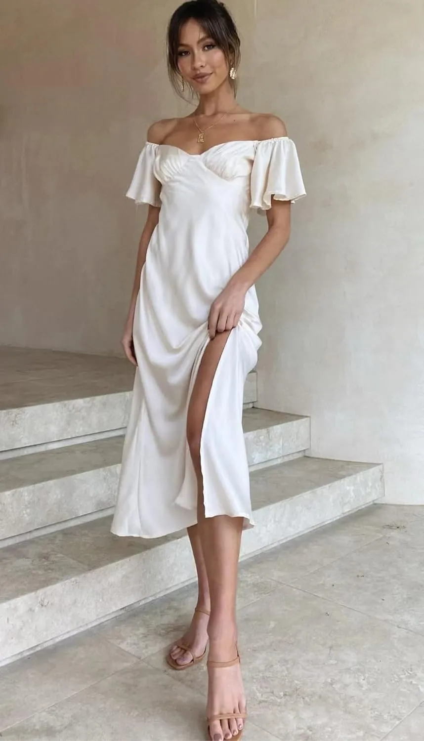 2025 Summer Women's Satin Off Shoulder Formal Dress Wedding Guest Elegant Butterfly Sleeve Split Cocktail Prom Midi Dresses