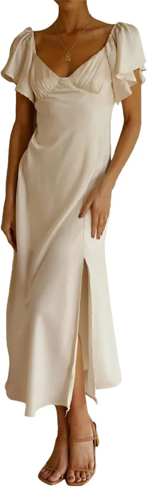 2025 Summer Women's Satin Off Shoulder Formal Dress Wedding Guest Elegant Butterfly Sleeve Split Cocktail Prom Midi Dresses
