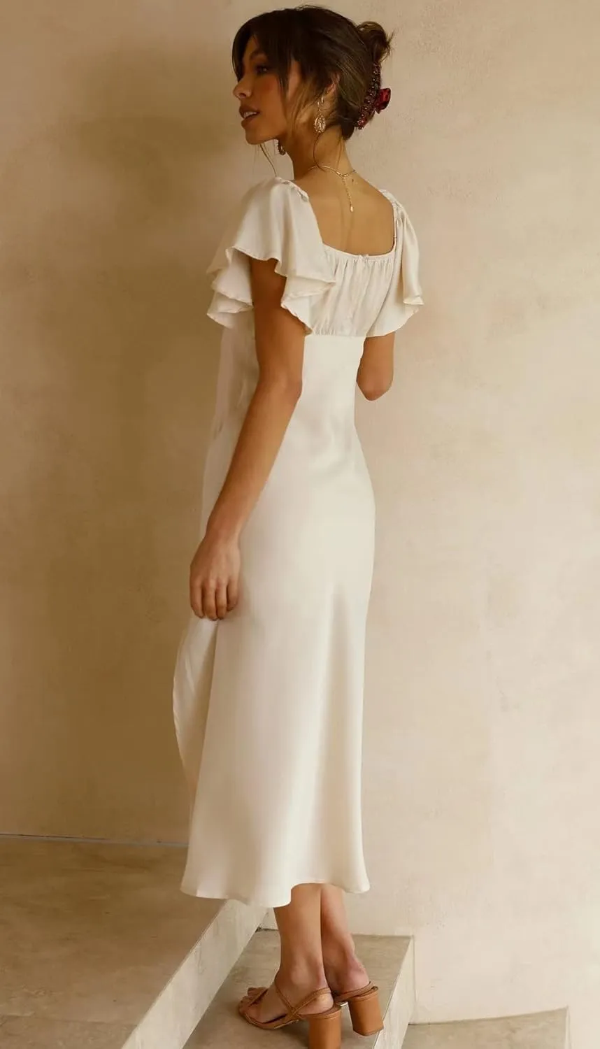2025 Summer Women's Satin Off Shoulder Formal Dress Wedding Guest Elegant Butterfly Sleeve Split Cocktail Prom Midi Dresses