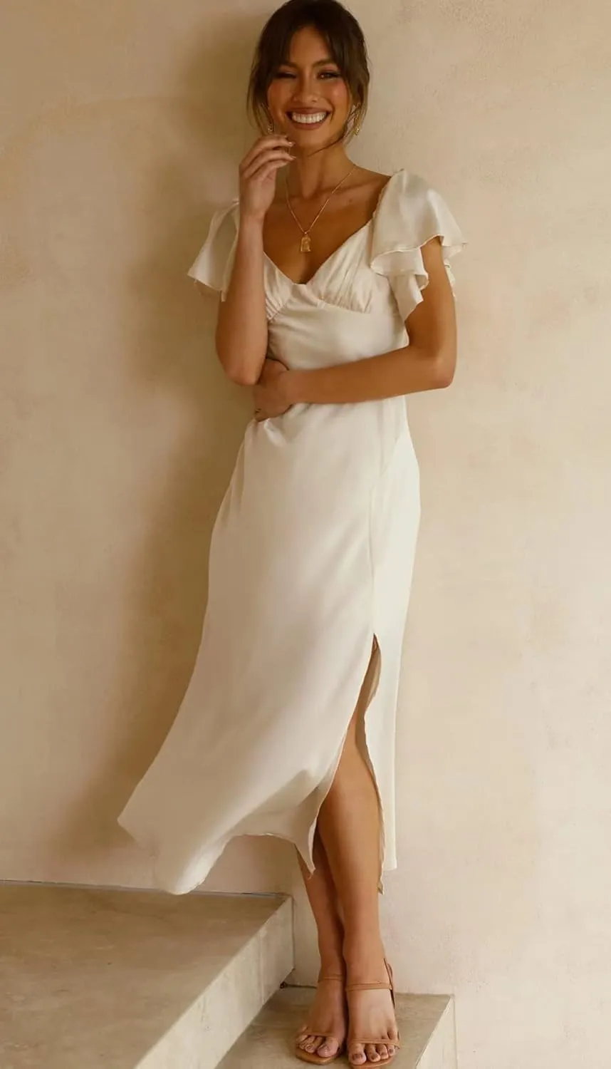 2025 Summer Women's Satin Off Shoulder Formal Dress Wedding Guest Elegant Butterfly Sleeve Split Cocktail Prom Midi Dresses