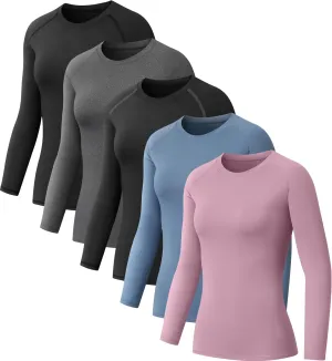 5 Pack Women's Compression Shirt Long Sleeve Workout Tops Athletic Baselayer Quick Dry Gym Yoga Running T-Shirt