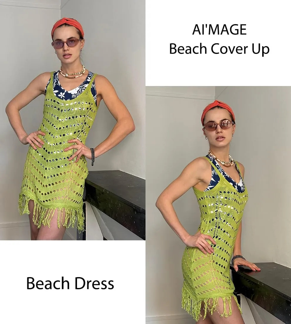 AI'MAGE Women Swimsuit Cover Up Sexy Hollow Out Tassel Sleeveless Vneck Crochet Bathing Suit Coverup Slim Fit Beach Dress