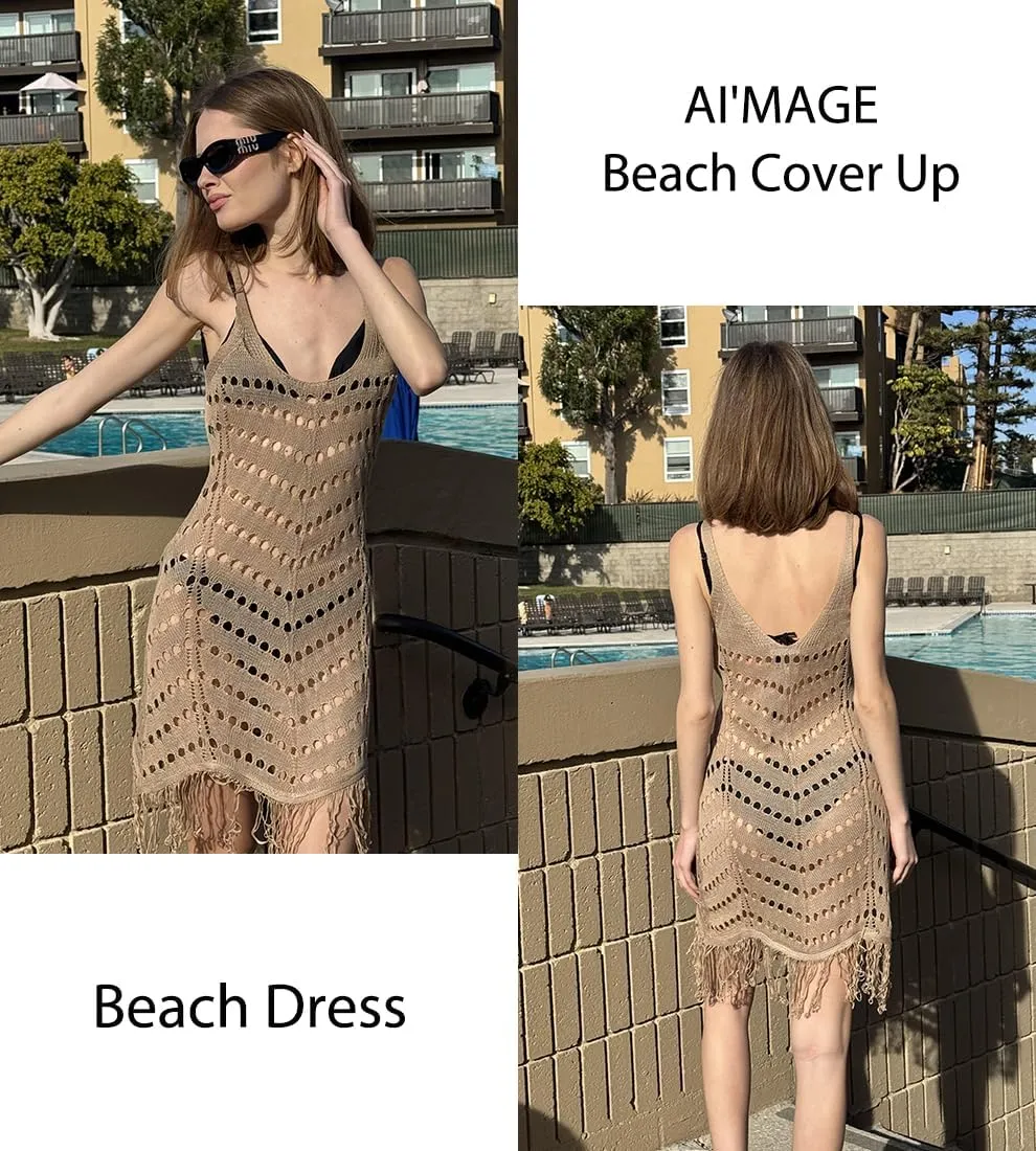 AI'MAGE Women Swimsuit Cover Up Sexy Hollow Out Tassel Sleeveless Vneck Crochet Bathing Suit Coverup Slim Fit Beach Dress