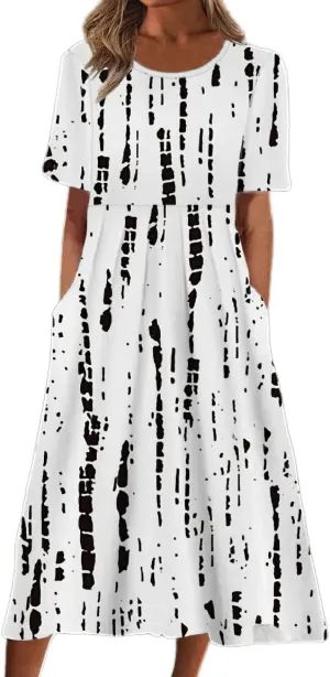 Akivide Womens Boho Floral Flowy Midi Dresses Casual Loose Summer Short Sleeve Beach Dress with Pockets