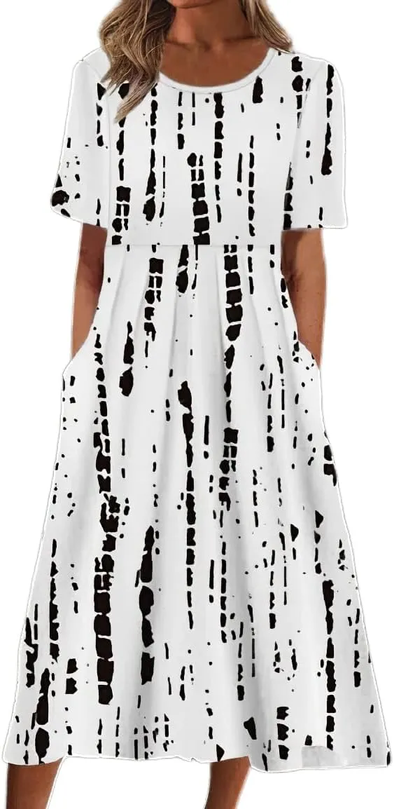 Akivide Womens Boho Floral Flowy Midi Dresses Casual Loose Summer Short Sleeve Beach Dress with Pockets