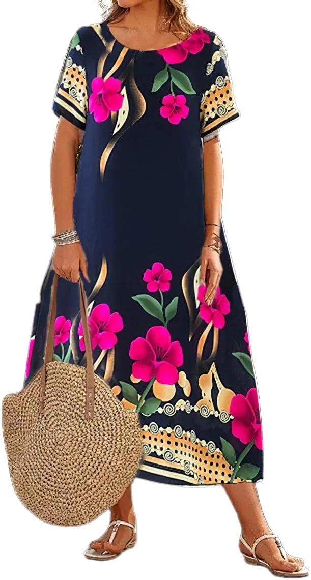 Akivide Women's Summer Boho Floral Loose Midi Dress Casual Baggy Short Sleeve Beach Vacation Dresses