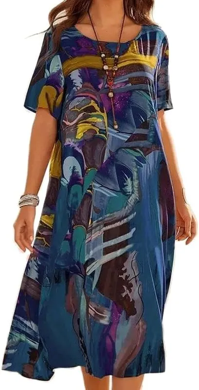 Akivide Women's Summer Boho Floral Loose Midi Dress Casual Baggy Short Sleeve Beach Vacation Dresses