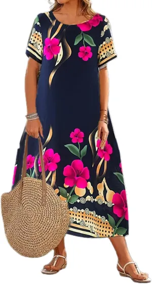 Akivide Women's Summer Boho Floral Loose Midi Dress Casual Baggy Short Sleeve Beach Vacation Dresses