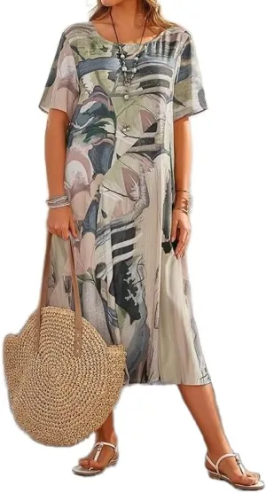 Akivide Women's Summer Boho Floral Loose Midi Dress Casual Baggy Short Sleeve Beach Vacation Dresses
