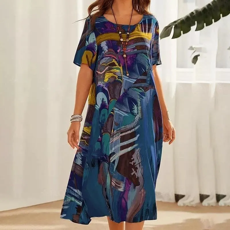 Akivide Women's Summer Boho Floral Loose Midi Dress Casual Baggy Short Sleeve Beach Vacation Dresses