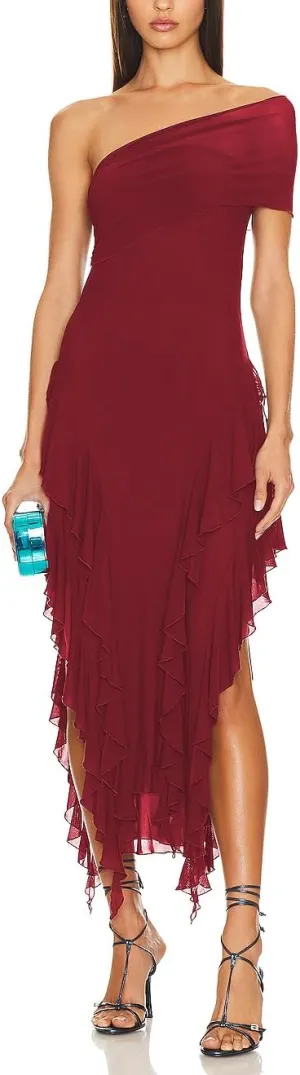 ALENDA DANMOS Womens Sleeveless One Shoulder Halter Straps Maxi Dress Irregular Mesh Ruffles Hem Cocktail Party Dress 369