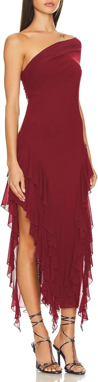 ALENDA DANMOS Womens Sleeveless One Shoulder Halter Straps Maxi Dress Irregular Mesh Ruffles Hem Cocktail Party Dress 369