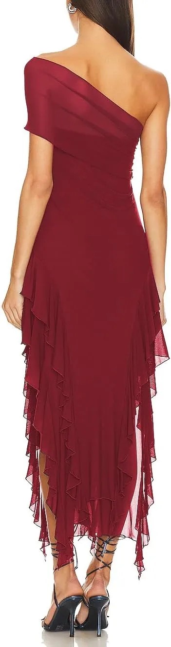 ALENDA DANMOS Womens Sleeveless One Shoulder Halter Straps Maxi Dress Irregular Mesh Ruffles Hem Cocktail Party Dress 369
