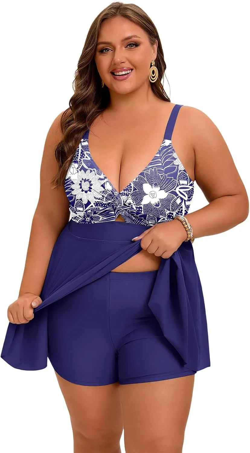 Arolina Plus Size Bathing Suit for Women Swim Dress Tummy Control Swimsuits Two Piece Flowy Tankini with Shorts