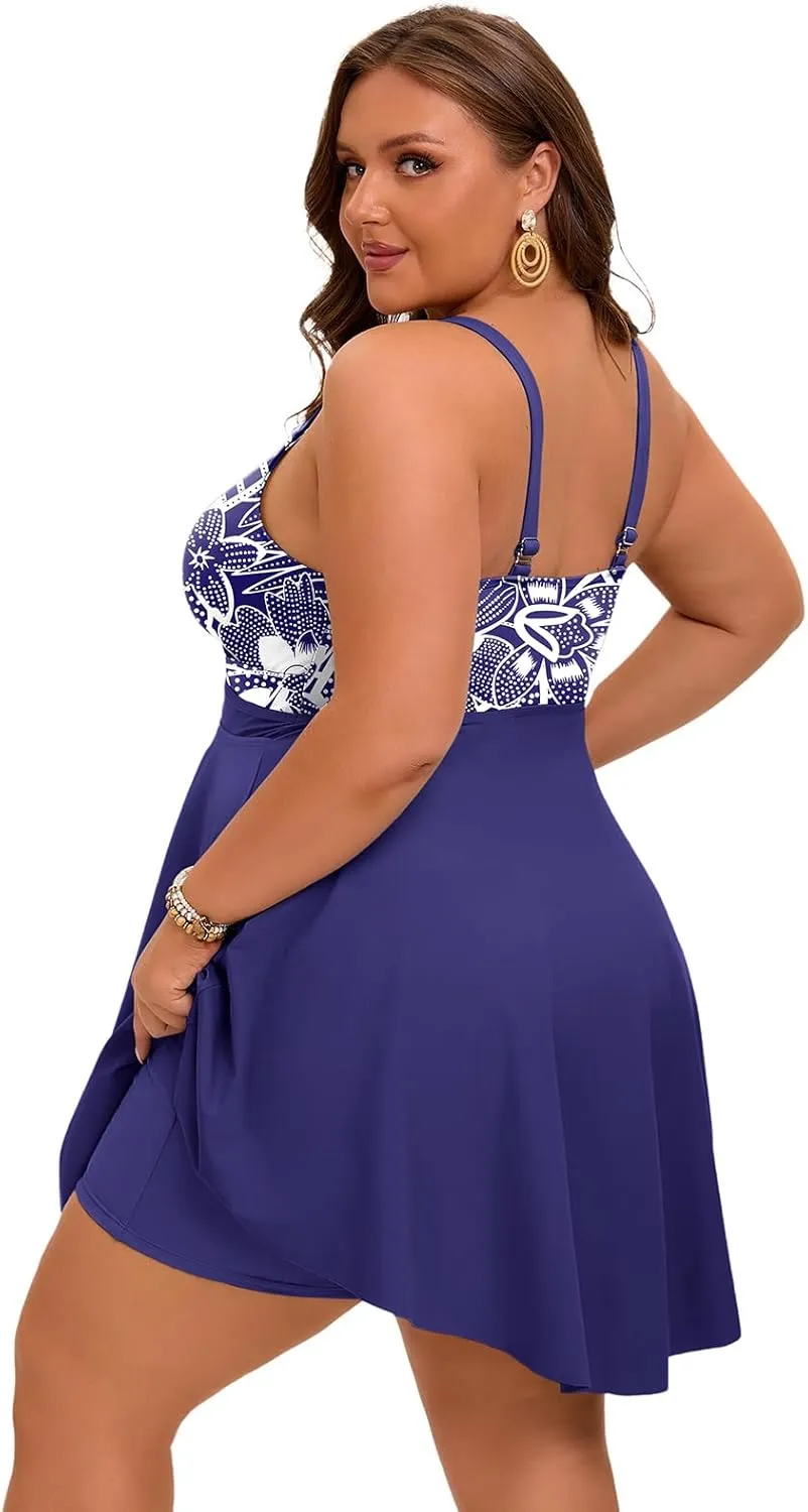 Arolina Plus Size Bathing Suit for Women Swim Dress Tummy Control Swimsuits Two Piece Flowy Tankini with Shorts