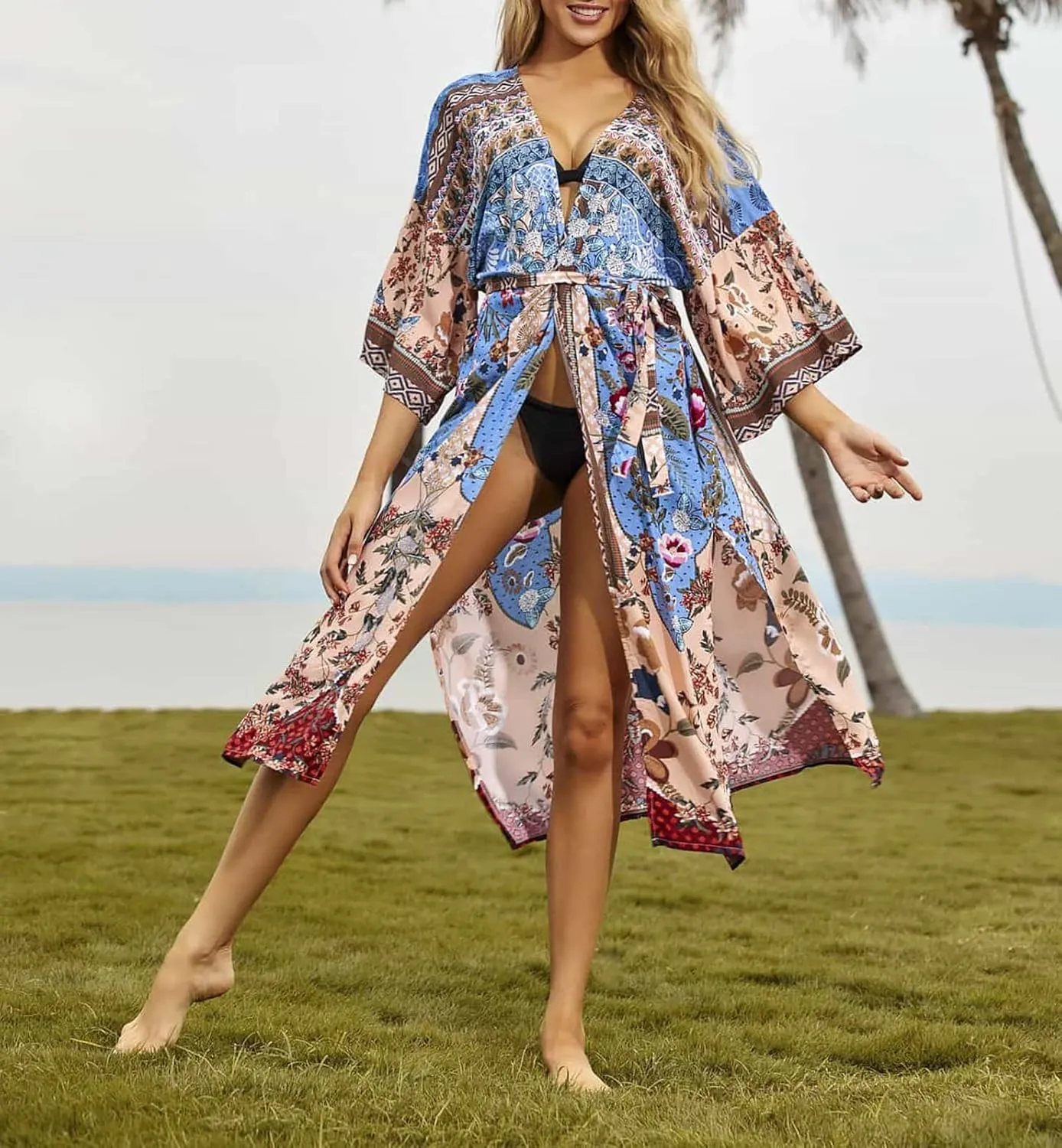 Bestyyou Women's Printed Kimono Cardigan with Tie Long Robe Dress Belted Bikini Swimsuit Cover Up Swimwear