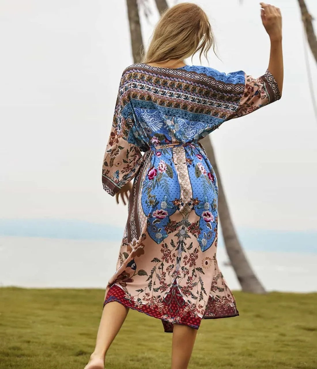 Bestyyou Women's Printed Kimono Cardigan with Tie Long Robe Dress Belted Bikini Swimsuit Cover Up Swimwear