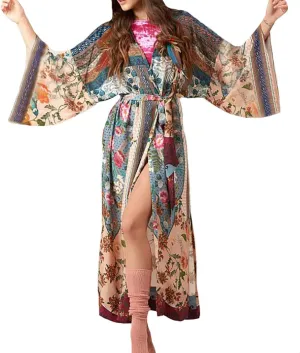 Bestyyou Women's Printed Kimono Cardigan with Tie Long Robe Dress Belted Bikini Swimsuit Cover Up Swimwear
