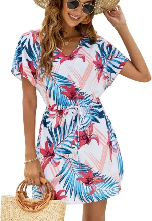 Bluetime Women Casual Swim Cover up V-Neck Summer Coverups Flowy Short Sleeve Mini Beach Dress