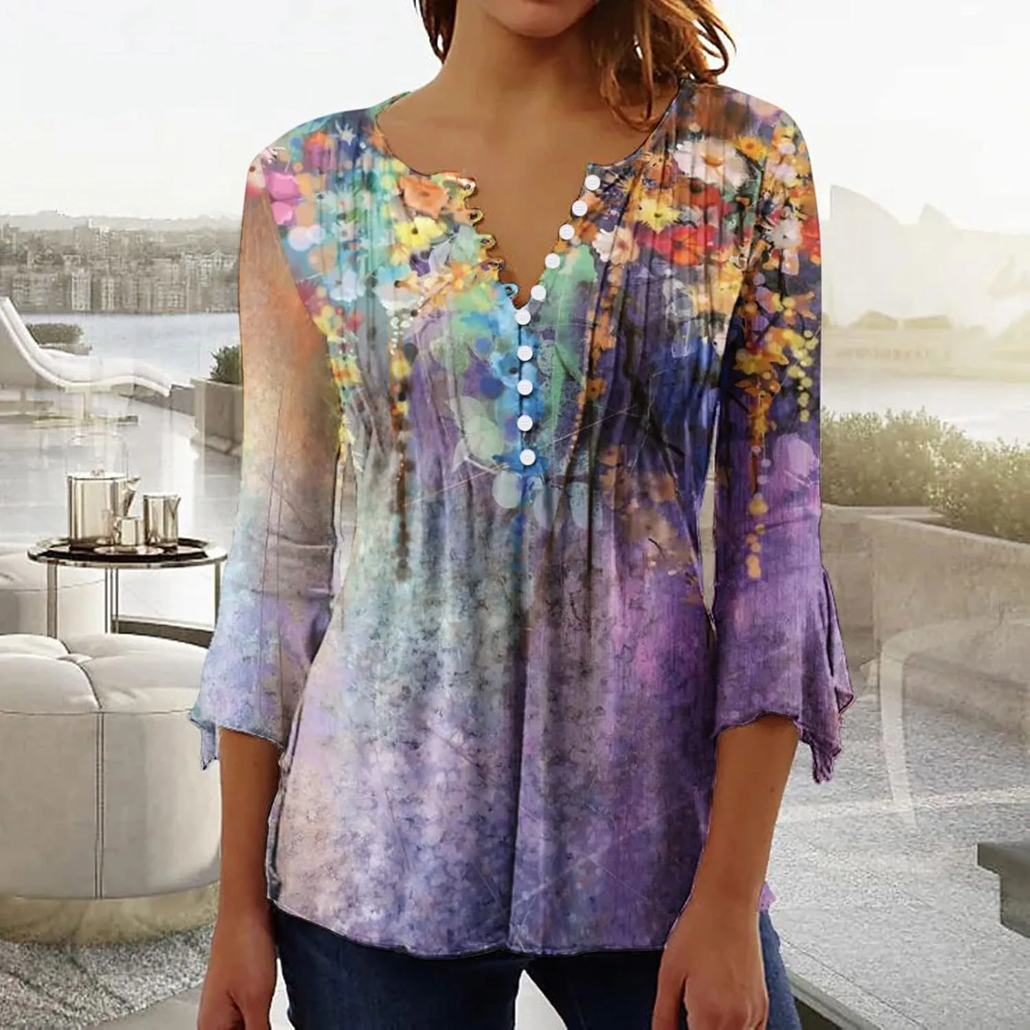 Bohemian Tops for Women Trendy 2023 Sexy Elegant t-Shirt Boho Floral Print 3/4 Bell Sleeve v Neck Shirts Blouse