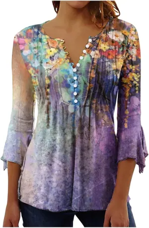 Bohemian Tops for Women Trendy 2023 Sexy Elegant t-Shirt Boho Floral Print 3/4 Bell Sleeve v Neck Shirts Blouse
