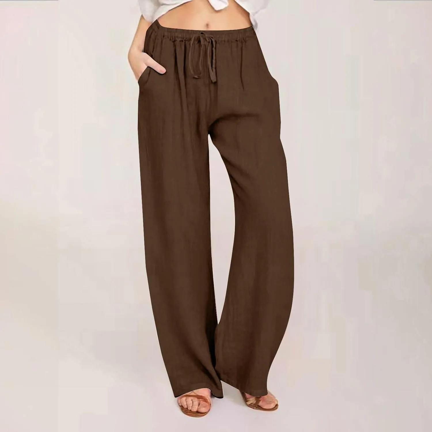 Borniu Women's Cotton Linen Pants Summer High Waisted Palazzo Pants Wide Leg Drawstring Elastic Waist Loose Comfy Trousers