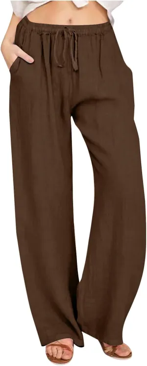 Borniu Women's Cotton Linen Pants Summer High Waisted Palazzo Pants Wide Leg Drawstring Elastic Waist Loose Comfy Trousers