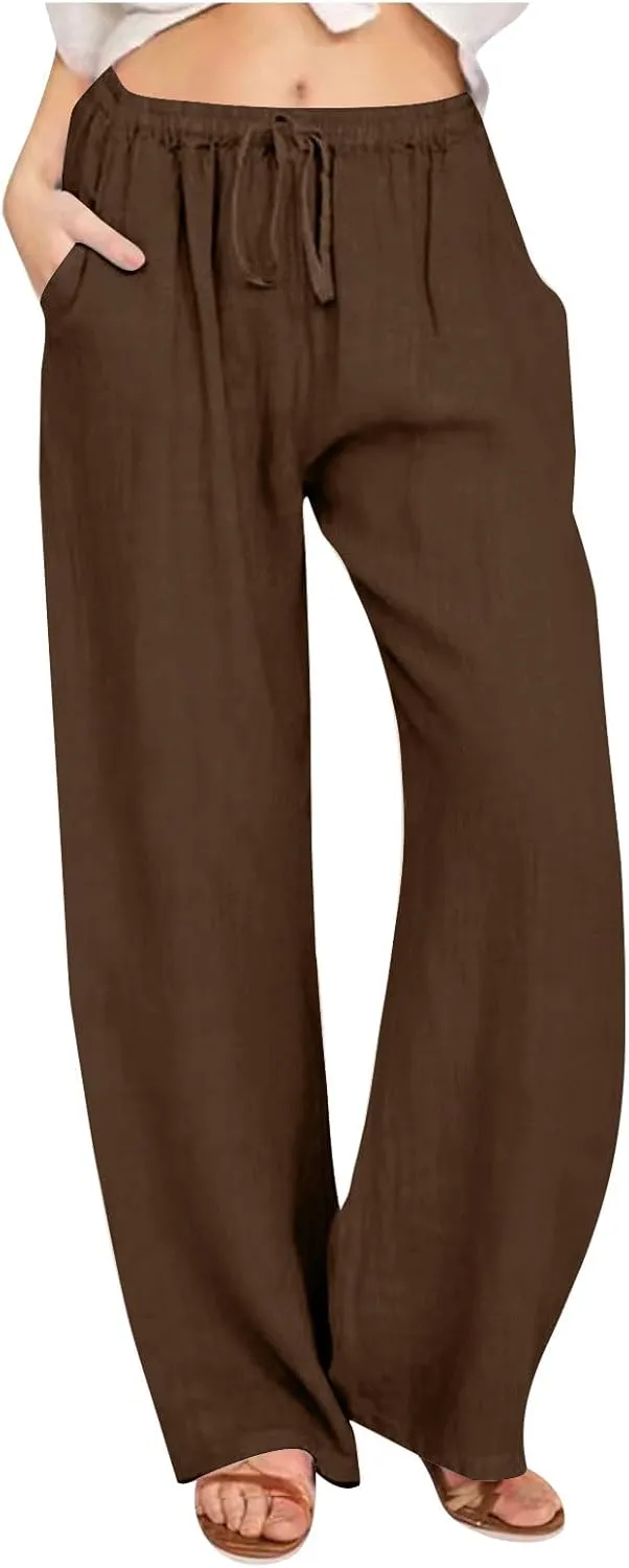 Borniu Women's Cotton Linen Pants Summer High Waisted Palazzo Pants Wide Leg Drawstring Elastic Waist Loose Comfy Trousers