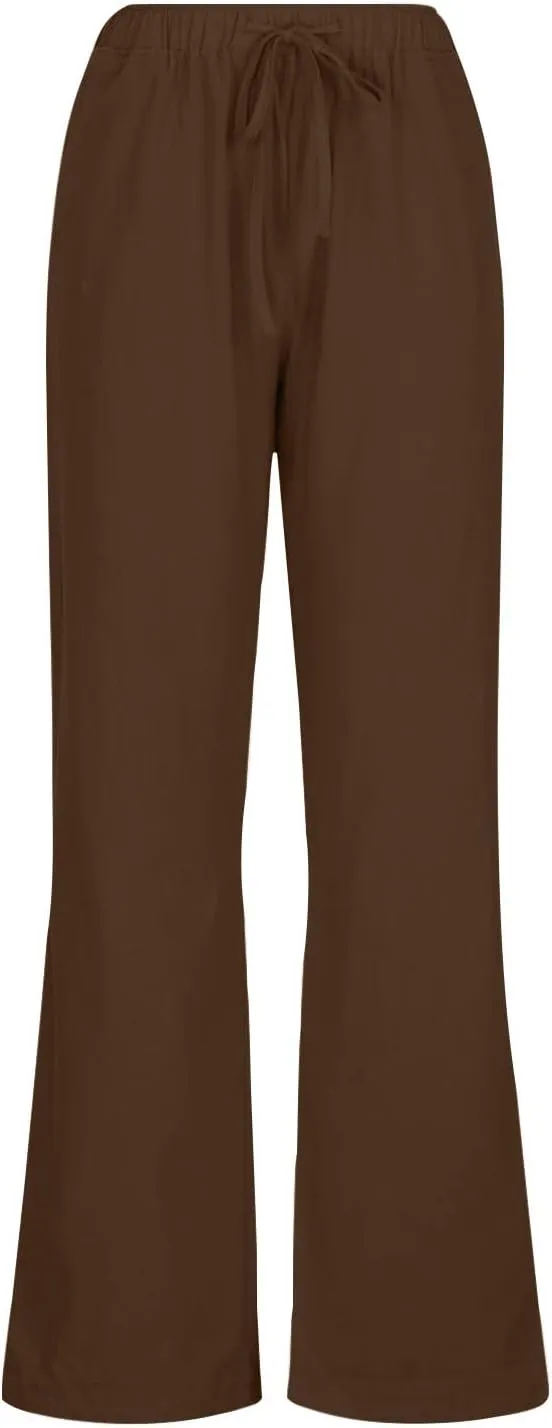 Borniu Women's Cotton Linen Pants Summer High Waisted Palazzo Pants Wide Leg Drawstring Elastic Waist Loose Comfy Trousers