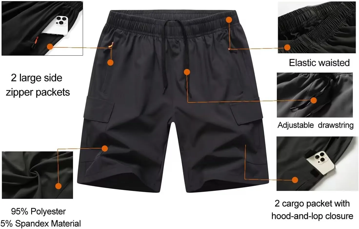 Boys Cargo Shorts, Outdoor Quick Dry Hiking Shorts, Lightweight Athletic Short with Zipper Pockets