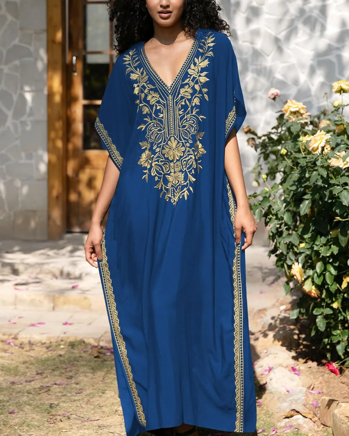 Bsubseach Kaftan Cover Ups for Swimwear Long Caftan Loungewear Gold Embroidery Swimsuit Cover Up Dress