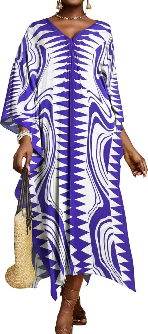 Bsubseach Kaftan Dresses for Women Geometric Print Caftan Long Beach Swimsuit Cover Up Loungewear Dress