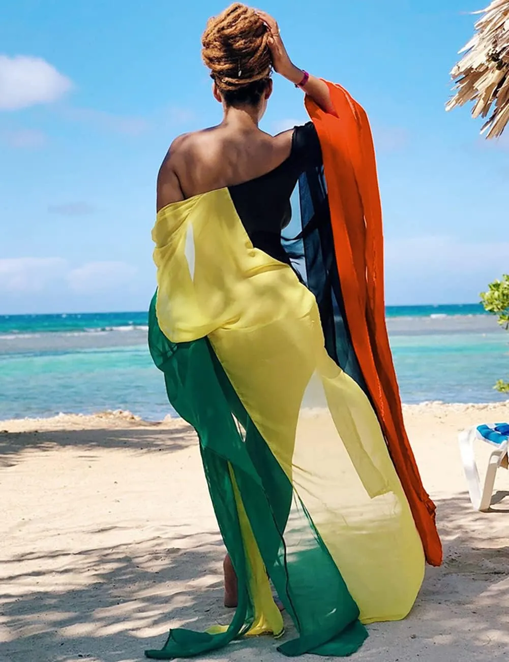Bsubseach Plus Size Women Chiffon Beach Bikini Cover Up Colorful Splicing Kimono Cardigan