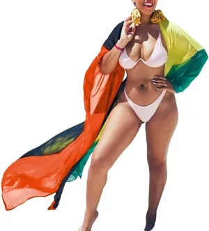 Bsubseach Plus Size Women Chiffon Beach Bikini Cover Up Colorful Splicing Kimono Cardigan