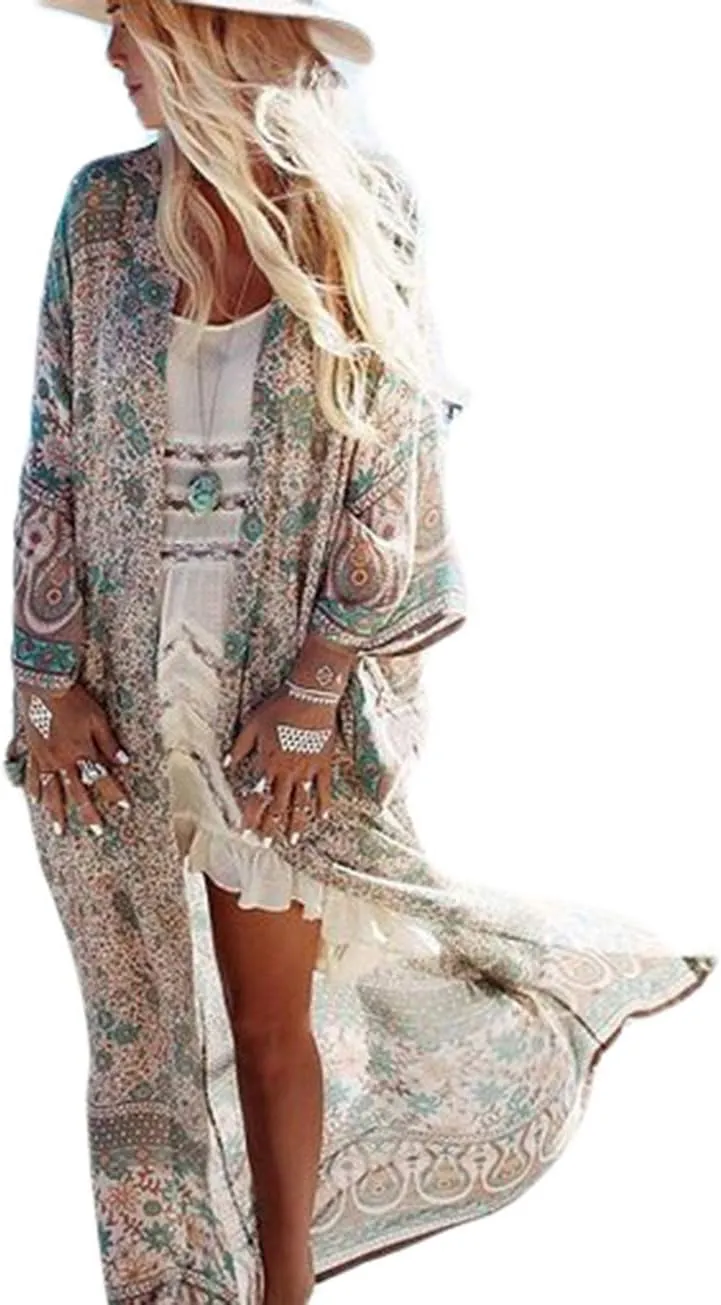 Bsubseach Womens Multicolor Print Long Chiffon Beach Blouses Cardigan Kimono Bikini Cover Up Swimwear Kaftan
