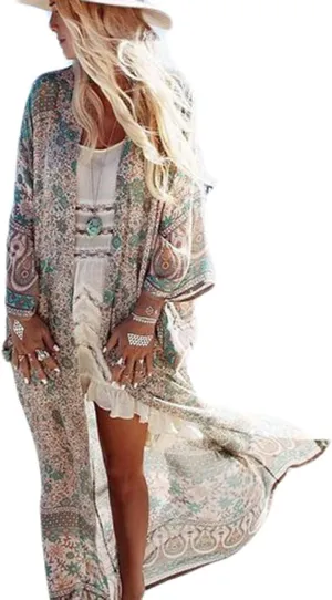 Bsubseach Womens Multicolor Print Long Chiffon Beach Blouses Cardigan Kimono Bikini Cover Up Swimwear Kaftan