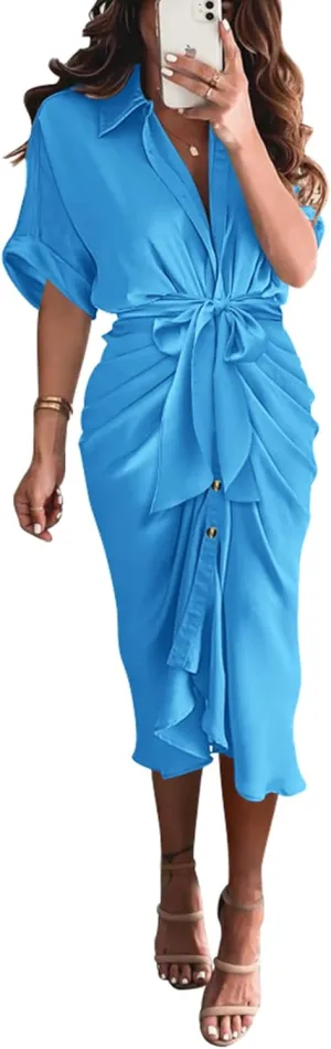 BTFBM 2025 Women Button Down Ruched Shirt Dresses Short Sleeve Lapel V Neck Elegant Party Spring Summer Maxi Satin Dress