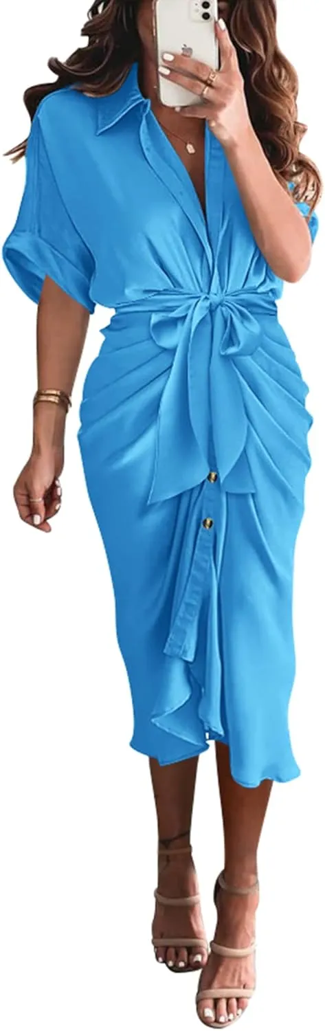 BTFBM 2025 Women Button Down Ruched Shirt Dresses Short Sleeve Lapel V Neck Elegant Party Spring Summer Maxi Satin Dress