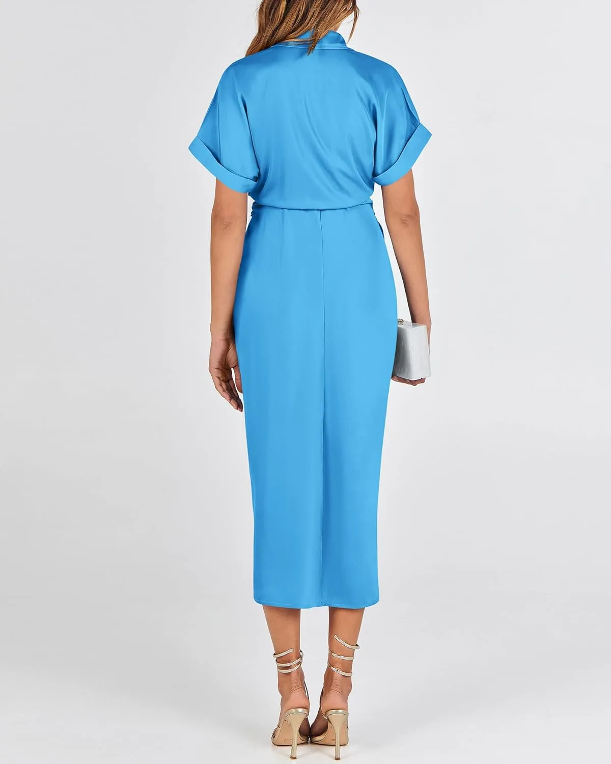 BTFBM 2025 Women Button Down Ruched Shirt Dresses Short Sleeve Lapel V Neck Elegant Party Spring Summer Maxi Satin Dress