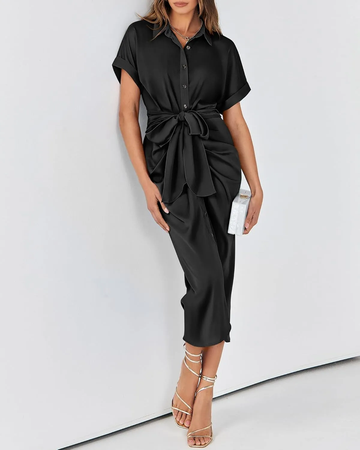 BTFBM 2025 Women Button Down Ruched Shirt Dresses Short Sleeve Lapel V Neck Elegant Party Spring Summer Maxi Satin Dress