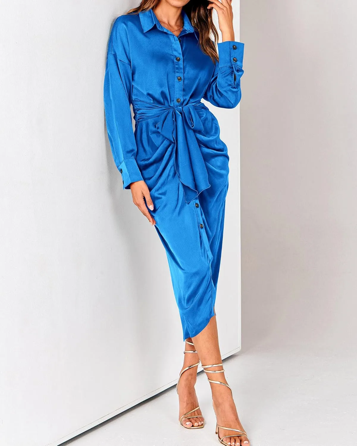 BTFBM Women Long Sleeve Satin Dress 2025 Summer Spring Lapel V Neck Button Down Elegant Belted Ruched Maxi Shirt Dresses