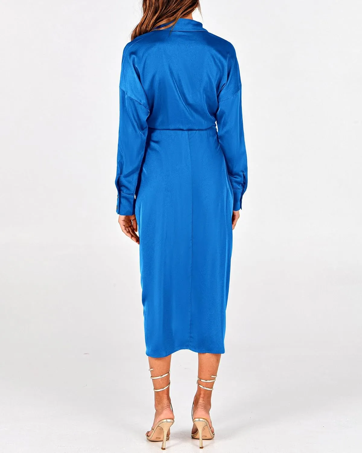 BTFBM Women Long Sleeve Satin Dress 2025 Summer Spring Lapel V Neck Button Down Elegant Belted Ruched Maxi Shirt Dresses